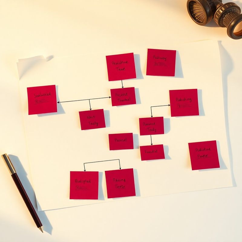 Flat-lay diagramu publikačního workflow s burgundskými poznámkami na krémovém papíře